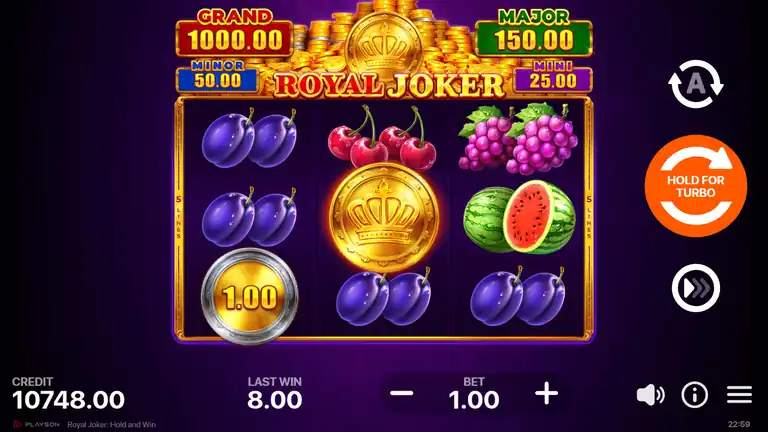 Spin 1,275 - credit 10,748.00, bonus coin 1.00 visible in bottom-left position, last win 8.00