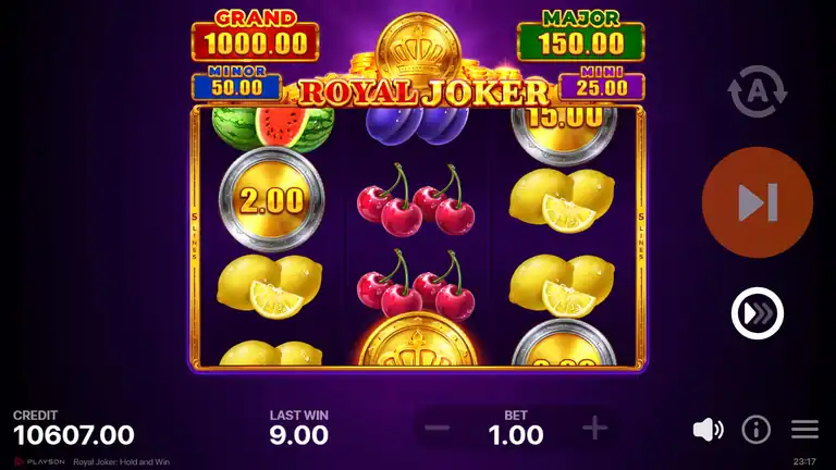 Spin 1,722 session end - credit 10,607.00, last win 9.00 at bet 1.00