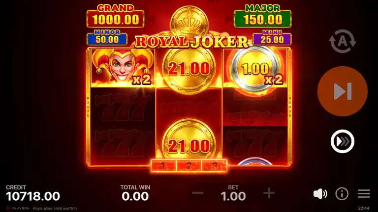 HOLD AND WIN - Joker wild with x2 multiplier locked in reel 1, coins 21.00 and 1.00 on the grid, credit 10,718.00