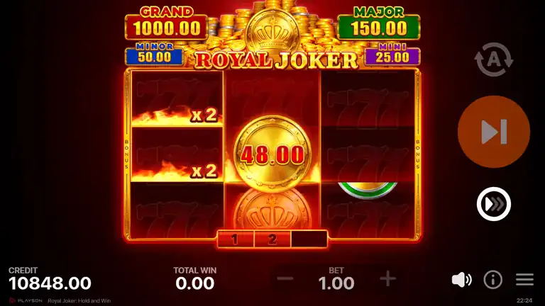 HOLD AND WIN spin 514 - coin 48.00 locked center, two x2 Joker positions in reel 1, respins at 1, credit 10,848.00