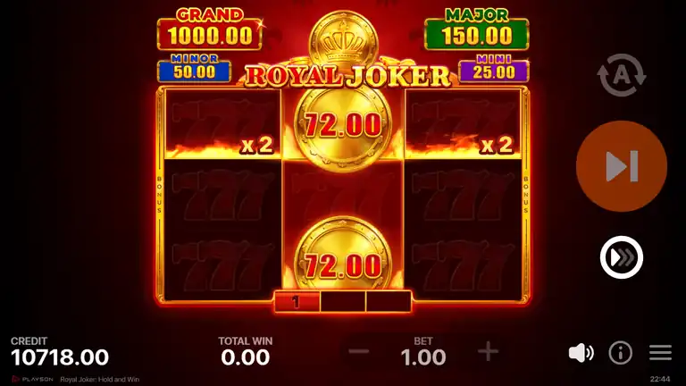 HOLD AND WIN coins 72.00 and 72.00 locked - the session peak 144x round near the end of its respins, credit 10,718.00